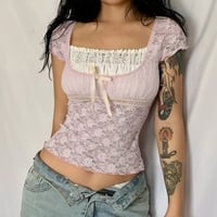 Cute Sweet Pink Lace Trim Short Sleeve Shirt Crop Top Summer Aesthetic Casual E-Girl Kawaii Korean Japanese Harajuku - Thumbnail 2