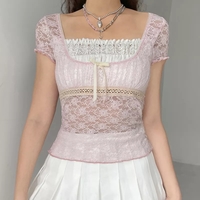 Cute Sweet Pink Lace Trim Short Sleeve Shirt Crop Top Summer Aesthetic Casual E-Girl Kawaii Korean Japanese Harajuku - Thumbnail 3