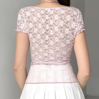 Cute Sweet Pink Lace Trim Short Sleeve Shirt Crop Top Summer Aesthetic Casual E-Girl Kawaii Korean Japanese Harajuku - Thumbnail 4