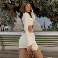 Cute 2pcs Set Ribbed Lace Up Hollow Out Crop Top Cardigan + Mini Skirt Bodycon Summer Aesthetic Casual E-Girl Kawaii Korean Japanese Harajuku - Thumbnail 2