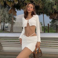 Cute 2pcs Set Ribbed Lace Up Hollow Out Crop Top Cardigan + Mini Skirt Bodycon Summer Aesthetic Casual E-Girl Kawaii Korean Japanese Harajuku - Thumbnail 4