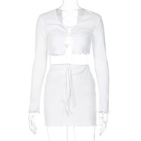 Cute 2pcs Set Ribbed Lace Up Hollow Out Crop Top Cardigan + Mini Skirt Bodycon Summer Aesthetic Casual E-Girl Kawaii Korean Japanese Harajuku - Thumbnail 6