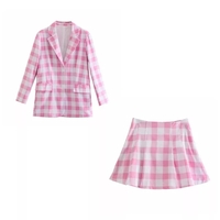Cute 2pcs Set Vinatge Pink Plaid Blazer + High Waist Mini Skirt Suit Summer Aesthetic Casual E-Girl Kawaii Korean Japanese Harajuku - Thumbnail 6