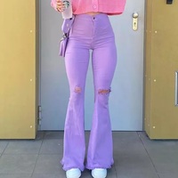 Cute Purple Flare Jeans High Waist Baggy Wide Leg Pants Ripped Trouser Summer Aesthetic Casual E-Girl Kawaii Korean Japanese Harajuku - Thumbnail 1