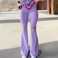Cute Purple Flare Jeans High Waist Baggy Wide Leg Pants Ripped Trouser Summer Aesthetic Casual E-Girl Kawaii Korean Japanese Harajuku - Thumbnail 2