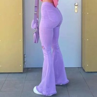 Cute Purple Flare Jeans High Waist Baggy Wide Leg Pants Ripped Trouser Summer Aesthetic Casual E-Girl Kawaii Korean Japanese Harajuku - Thumbnail 3