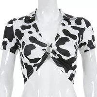Cute Cow Print V Neck Short Sleeve Shirt Crop Top  Summer Aesthetic Casual E-Girl Kawaii Korean Japanese Harajuku - Thumbnail 3