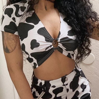Cute cow print v neck short sleeve shirt crop top  summer aesthetic casual e-girl kawaii korean japanese harajuku - Thumbnail 5