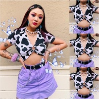 Cute Cow Print V Neck Short Sleeve Shirt Crop Top  Summer Aesthetic Casual E-Girl Kawaii Korean Japanese Harajuku - Thumbnail 1