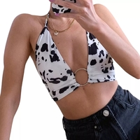 Cute Cow Print V Neck Crop Top Sleeveless Shirt Sling Halter Summer Aesthetic Casual E-Girl Kawaii Korean Japanese Harajuku - Thumbnail 2