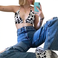 Cute Cow Print V Neck Crop Top Sleeveless Shirt Sling Halter Summer Aesthetic Casual E-Girl Kawaii Korean Japanese Harajuku - Thumbnail 3