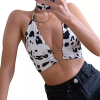 Cute Cow Print V Neck Crop Top Sleeveless Shirt Sling Halter Summer Aesthetic Casual E-Girl Kawaii Korean Japanese Harajuku - Thumbnail 5