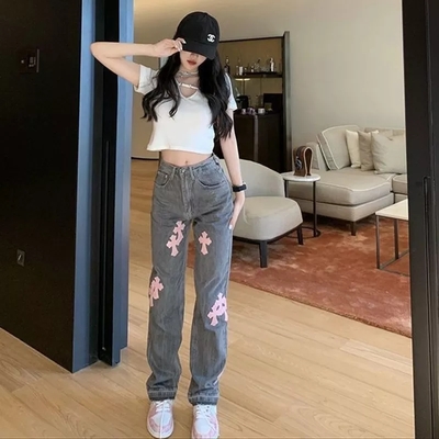 Cute Cross Jean High Waist Straight Baggy Pants Denim Trousers Summer Aesthetic Casual E-Girl Kawaii Korean Japanese Harajuku