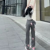 Cute Cross Jean High Waist Straight Baggy Pants Denim Trousers Summer Aesthetic Casual E-Girl Kawaii Korean Japanese Harajuku - Thumbnail 1