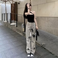 Cute Cross Jean High Waist Straight Baggy Pants Denim Trousers Summer Aesthetic Casual E-Girl Kawaii Korean Japanese Harajuku - Thumbnail 5
