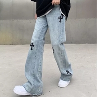 Cute Cross Jean High Waist Straight Baggy Pants Denim Trousers Summer Aesthetic Casual E-Girl Kawaii Korean Japanese Harajuku - Thumbnail 6
