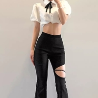 Cute Sexy Black High Waist Flare Trousers Cut Out Hollow Pants Summer Aesthetic Casual E-Girl Kawaii Korean Japanese Harajuku - Thumbnail 1