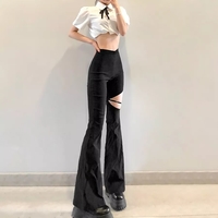 Cute Sexy Black High Waist Flare Trousers Cut Out Hollow Pants Summer Aesthetic Casual E-Girl Kawaii Korean Japanese Harajuku - Thumbnail 2