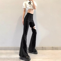 Cute Sexy Black High Waist Flare Trousers Cut Out Hollow Pants Summer Aesthetic Casual E-Girl Kawaii Korean Japanese Harajuku - Thumbnail 3