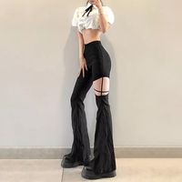 Cute Sexy Black High Waist Flare Trousers Cut Out Hollow Pants Summer Aesthetic Casual E-Girl Kawaii Korean Japanese Harajuku - Thumbnail 4