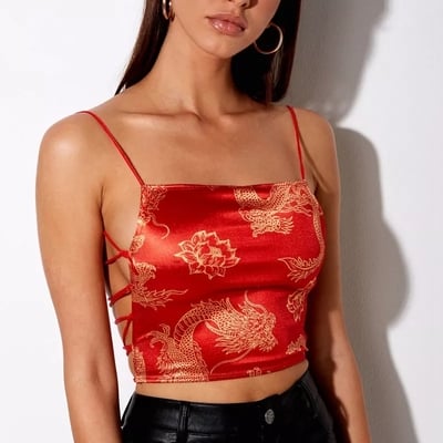 Cute sexy red dragon backless bandage spaghetti strap crop top sleeveless shirt summer aesthetic casual e-girl kawaii korean japanese harajuku - Thumbnail 4