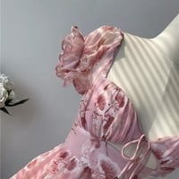 Cute Sweet Floral Print Jumpsuit Chiffon Ruffled Squared Collar Dress Summer Aesthetic Casual E-Girl Kawaii Korean Japanese Harajuku - Thumbnail 2