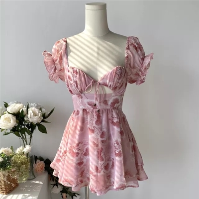Cute Sweet Floral Print Jumpsuit Chiffon Ruffled Squared Collar Dress Summer Aesthetic Casual E-Girl Kawaii Korean Japanese Harajuku