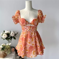 Cute Sweet Floral Print Jumpsuit Chiffon Ruffled Squared Collar Dress Summer Aesthetic Casual E-Girl Kawaii Korean Japanese Harajuku - Thumbnail 5