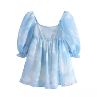 Cute Sexy Blue Cloud Sky Princess Square Neck Puff Sleeve Mini Party Dress Summer Aesthetic E-Girl Kawaii Korean Japanese Harajuku - Thumbnail 1