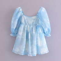 Cute Sexy Blue Cloud Sky Princess Square Neck Puff Sleeve Mini Party Dress Summer Aesthetic E-Girl Kawaii Korean Japanese Harajuku - Thumbnail 2