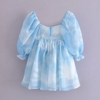 Cute Sexy Blue Cloud Sky Princess Square Neck Puff Sleeve Mini Party Dress Summer Aesthetic E-Girl Kawaii Korean Japanese Harajuku - Thumbnail 3