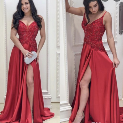 Red prom dresses slit with beaded - Thumbnail 3