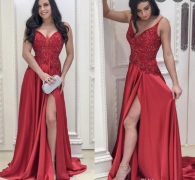 Red Prom Dresses Slit with Beaded