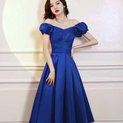 Blue satin short a line prom dress homecoming dress - Thumbnail 1