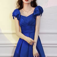 Blue satin short A line prom dress homecoming dress - Thumbnail 1