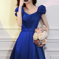 Blue satin short A line prom dress homecoming dress - Thumbnail 2