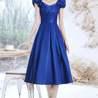 Blue satin short A line prom dress homecoming dress - Thumbnail 4