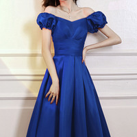 Blue satin short A line prom dress homecoming dress - Thumbnail 5