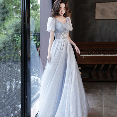 Cute tulle beads long prom dress blue evening dress - Thumbnail 1
