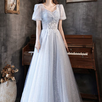 Cute tulle beads long prom dress blue evening dress - Thumbnail 1