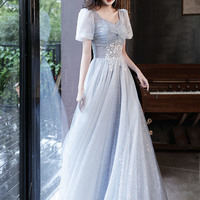 Cute tulle beads long prom dress blue evening dress - Thumbnail 7