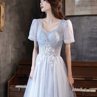 Cute tulle beads long prom dress blue evening dress - Thumbnail 2