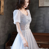 Cute tulle beads long prom dress blue evening dress - Thumbnail 3