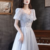 Cute tulle beads long prom dress blue evening dress - Thumbnail 4
