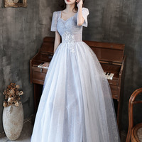 Cute tulle beads long prom dress blue evening dress - Thumbnail 5