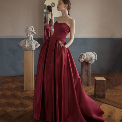 Red satin long a line prom dress red evening dress - Thumbnail 2