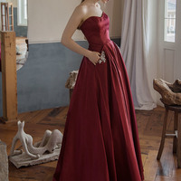 Red satin long A line prom dress red evening dress - Thumbnail 1