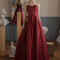 Red satin long A line prom dress red evening dress - Thumbnail 3