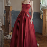 Red satin long A line prom dress red evening dress - Thumbnail 5