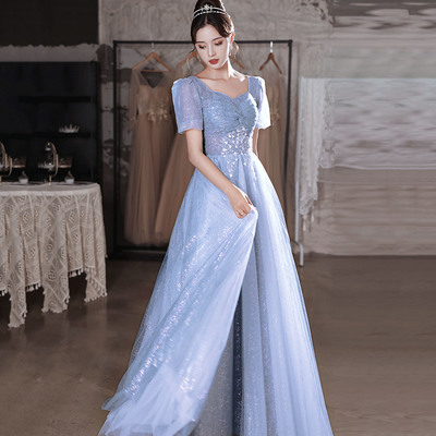 Blue tulle sequins long prom dress blue evening dress - Thumbnail 3